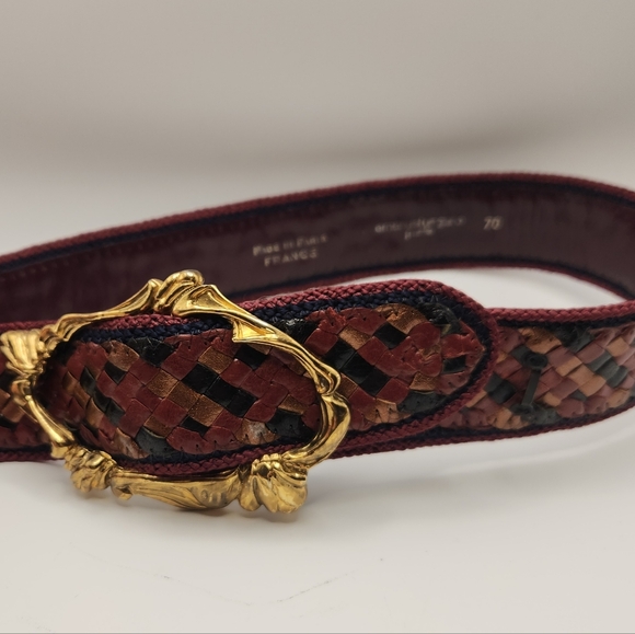 Emanuel Ungaro Paris Vintage Woven Leather Belt Gold Rococo Buckle Sz 70 80s Euc EMANUEL UNGARO Vintage 1980s Braided Leather Belt With Gilt  main image 3
